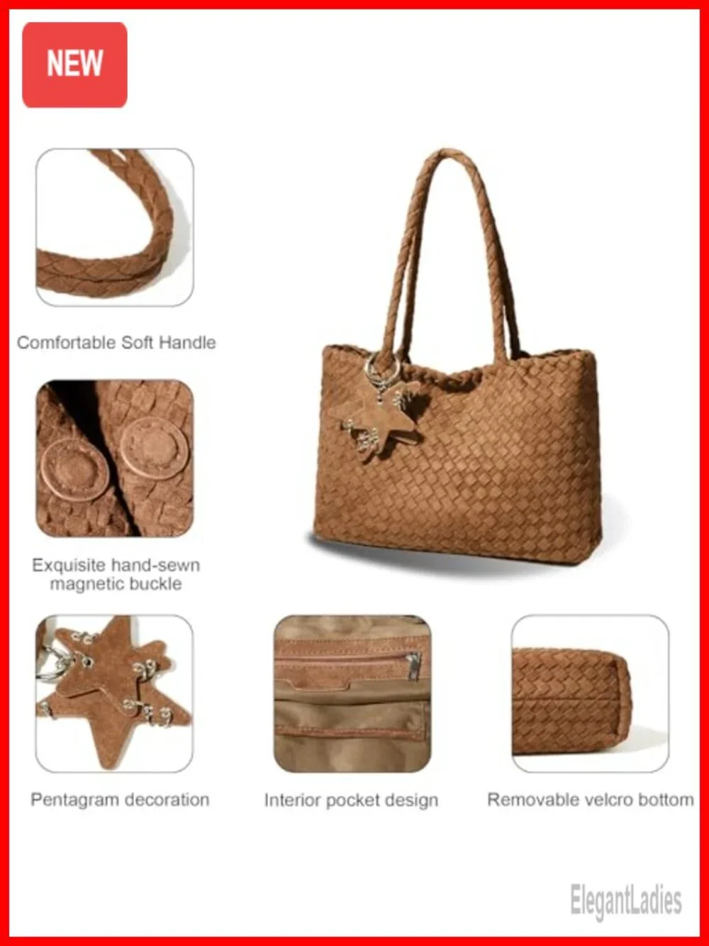 Woven Vegan Leather Hobo Tote Bag with Shoulder Strap - 3-in-1 Handbag